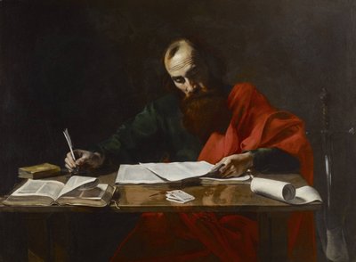 Der heilige Paulus schreibt seine Briefe von Valentin de Boulogne