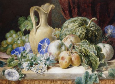 Ein Stillleben mit einem Krug, Äpfeln, Pflaumen, Trauben und Blumen von Valentine Bartholomew