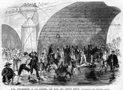 Der Fischer hat die Leine am Boden der Brücke Neuf in Paris im Jahr 1868 während des Niedrigwassers. Zeichnung von Desroches - Valnay. von Valnay Pere et fils