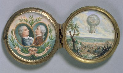 Porträtminiatur von J.F. Pilatre und Pierre Romain mit einer Szene ihres Ballonaufstiegs, 1784 von Van Blarenberghe
