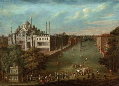 Prozession des Großwesirs auf dem Hippodromplatz mit der Sultan-Ahmed-Moschee, 1737 von Vanmour
