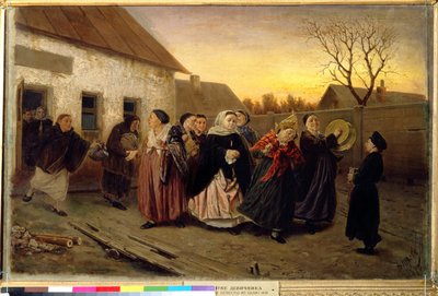 Russischer Brauch: Prozession von Frauen, die am Vorabend einer Hochzeit aus einem Haus tanzen und singen von Vasili Grigorevich Perov