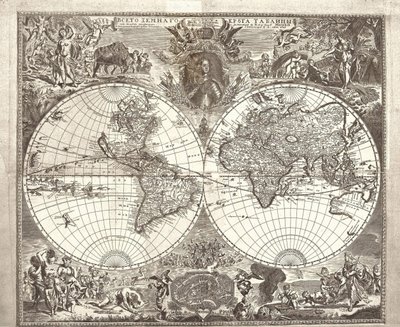 Doppelhemisphärenkarte der Welt, 1713 von Vasily Anufrievich Kiprianov