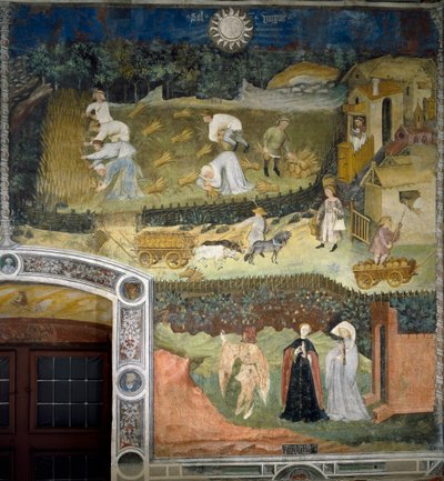 August: Ernte auf einem Weizenfeld. Der Weizen wird geerntet, Ballen und Transporte in Karren. Ein Mönch liest Gebete in einer Kapelle. Vor Damen mit Falken und einem Falkner. von Venceslao Maestro