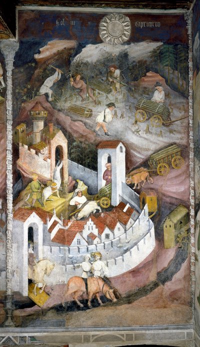 Dezember: Die Holzfäller sammeln das Holz und bringen es in die Stadt Trient, wo die Mauer und das Schloss Buonconsiglio dargestellt sind. Gemälde des Meisters der Monate oder Meister Wenzel (Anfang des 15. Jahrhunderts) von Venceslao Maestro