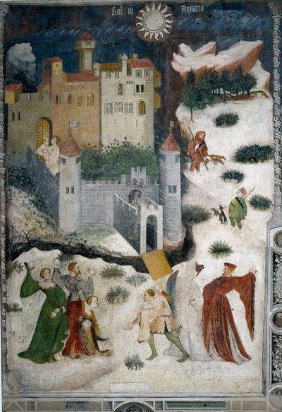 Monat Januar: verschneite Landschaft mit Aristokraten und Jägern von Venceslao Maestro