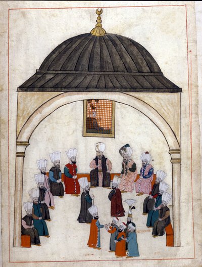Verwaltung unter dem Osmanischen Reich: eine Anhörung unter dem Vorsitz des Großwesirs. Miniatur aus "Türkische Denkmäler" (Codex Cicogna 1971 "Memorie Turchesche") Aquarell aus der venezianischen Schule des 17. Jahrhunderts von Venetian School