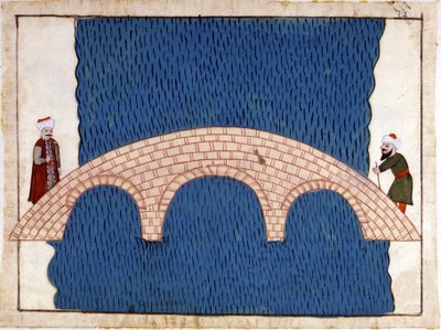 Konstantinopel. Galata-Brücke. Miniatur aus „Türkische Denkmäler“ (Codex Cicogna 1971 „Memorie Turchesche“) Aquarell aus der venezianischen Schule des 17. Jahrhunderts von Venetian School