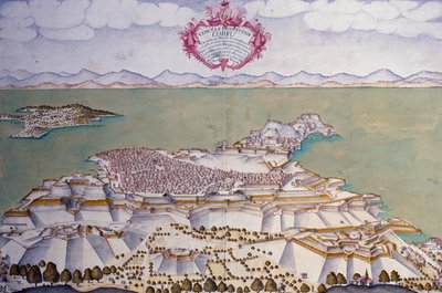Stadtplan von Korfu mit seinen Befestigungen, Venezianisches Staatsarchiv von Venetian School