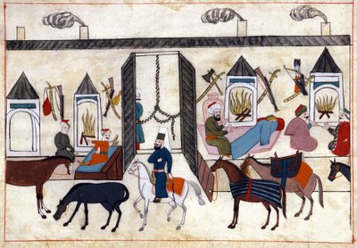 Ansicht des Inneren einer Karawane in der Türkei unter dem Osmanischen Reich. Miniatur aus „Türkische Denkmäler“ (Codex Cicogna 1971 „Memorie Turchesche“) Aquarell aus der venezianischen Schule des 17. Jahrhunderts von Venetian School