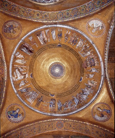 Ansicht der Kuppel mit Mosaiken auf goldenem Hintergrund (romanischer und byzantinischer Stil), die das Leben Abrahams darstellen. In den Pendentifs die Propheten Daniel, Jeremia, Jesaja und Ezechiel. 1240-1250. Basilika San Marco, Venedig von Veneto Byzantine School
