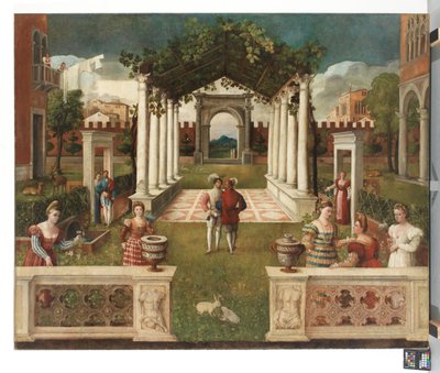 Klassischer architektonischer Garten mit eleganten Figuren, eine bergige Landschaft im Hintergrund, ca. 1530 von Veronese School