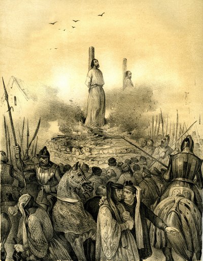 Tod des Jacques de Molay (1243-1314), letzter Großmeister des Templerordens. Philippe le Bel ließ ihn verhaften, foltern und einsperren, bevor er ihn lebendig verbrannte, zusammen mit dem Kommandanten der Normandie, Geoffroy de Charnay von Victor Adam