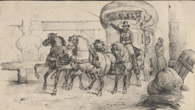 Fünf Pferde ziehen eine Kutsche mit Passagieren, Mitte des 19. Jahrhunderts von Victor Adam