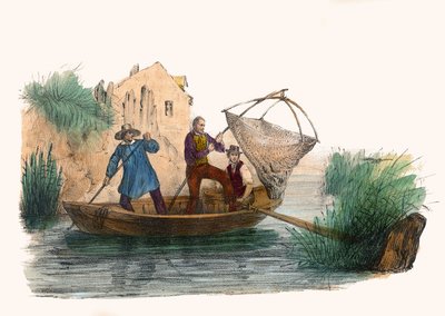 La Peche. in „Album Grotesque, Auswahl bemerkenswerter Typen“, Illustrationen von Victor Adam, Paris, um 1850. von Victor Adam
