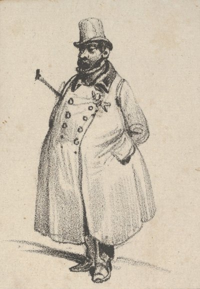Mann mit Mantel und Hut mit einem Stock unter dem Arm, Mitte des 19. Jahrhunderts von Victor Adam