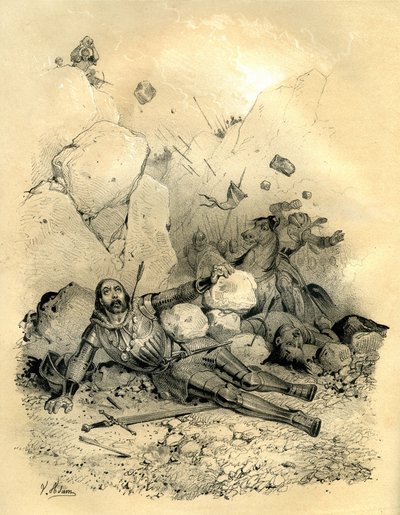 Roland, Graf der Bretagne, getötet von einer Abteilung Vascons (Basken) im Jahr 778 im Tal von Ronceveaux (Pyrenäen). Gravur von Victor Adam im Buch „Frankreich im Mittelalter“ veröffentlicht von den Ardant-Brüdern von Victor Adam