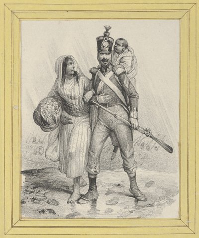 Soldat mit einer Frau am Arm und einem Kind auf dem Rücken von Victor Adam