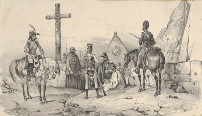 Soldaten versammelten sich vor einer Kirche mit Priestern und einem Kruzifix, Mitte 19. Jahrhundert von Victor Adam