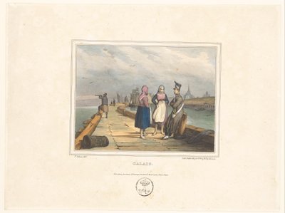 Zwei Mädchen und ein Soldat am Steg bei Calais von Victor Adam