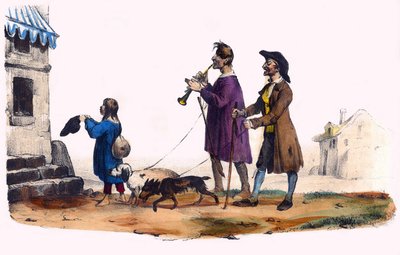 Zwei Blinde, geführt von Hunden und ein bettelndes Kind. In „Album Grotesque, Auswahl bemerkenswerter Typen“, Illustrationen von Victor Adam, Paris, um 1850. von Victor Adam