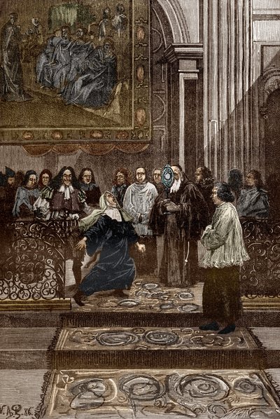 Affäre der Besessenen von Loudun (Dämonen von Loudun) um 1630: Exorzismus der besessenen Mutter Oberin des Ursulinenklosters durch den Priester von Chinon, Pierre Barre, nach den Ereignissen der „Besessenheit von Loudun“, Illustration für Besessene von Lou von Victor Armand Poirson