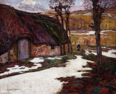 Bäuerin vor einem strohgedeckten Haus von Victor Charreton