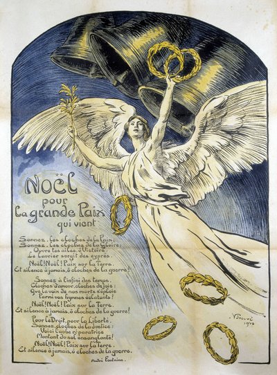 Allegorische Figur des Friedens - Gedicht „Weihnachten für den großen Frieden, der kommt“ von André Fontaine, ill. von V. Prouvé von Victor Emile Prouve