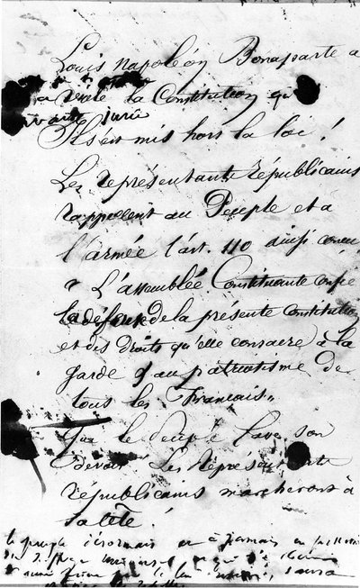 Erste Seite des Manifests, das die Pariser Bevölkerung auffordert, die Verletzung der französischen Verfassung durch Louis Napoleon Bonaparte abzulehnen, 1851 von Victor Hugo