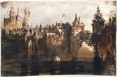Stadt mit einer gebrochenen Brücke (Graphit, Indische Tinte und Sepia auf Papier) von Victor Hugo