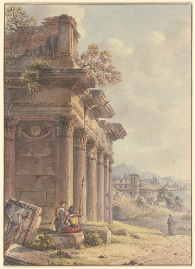 Architektonisches Capriccio: Ruinen einer Tempelfassade, im Hintergrund Landschaft mit Gebäuden und Seebucht von Victor Jean Nicolle