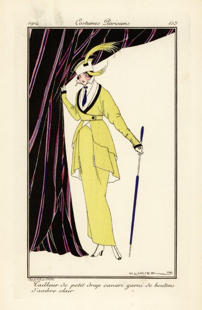 Frau in kanariengelbem Kleid mit Bernsteinknöpfen von Victor Lhuer