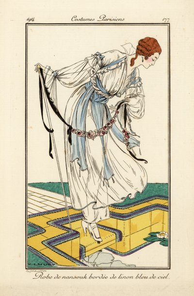 Frau im Nainsook-Kleid mit himmelblauer Leinenbordüre von Victor Lhuer