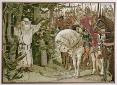 Prinz Oleg (gest. ca. 912) trifft den Wahrsager, der prophezeit, dass sein Pferd die Ursache seines Todes sein wird, Illustration aus 