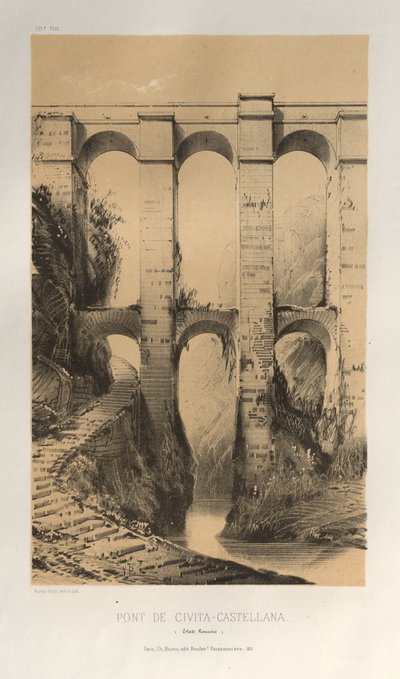 Architektur Pittoresque oder Denkmäler des 15. und 16. Jahrhunderts: Schlösser Frankreichs des 15. und 16. Jahrhunderts: Pl. 50, Brücke von Civita-Castellana (Römische Staaten) von Victor Petit
