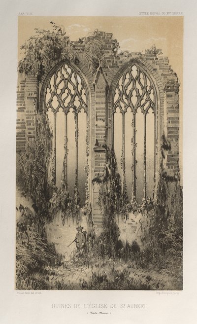 Architektur Pittoresque oder Denkmäler des 15. und 16. Jahrhunderts: Schlösser Frankreichs des 15. und 16. Jahrhunderts: Pl. 38, Ruinen der Kirche von St. Aubert (Haute-Marne) von Victor Petit