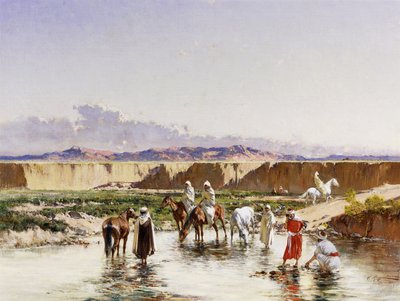 Arabische Reiter beim Tränken in einer Oase von Victor Pierre Huguet