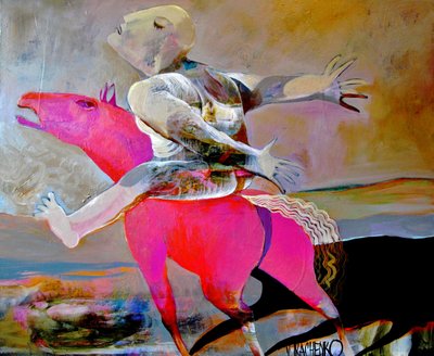 Surrealer Reiter auf rosa Pferd von Victor Tkachenko