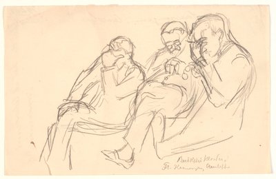 Figurenskizze. Drei sitzende Männer: Fr. Henningsen, Aarsleff und P. Johansen von Viggo Johansen