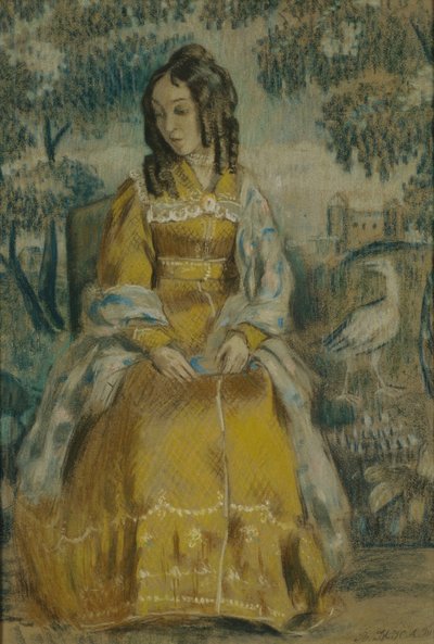 Dame am Wandteppich. Porträt von Nadezhda Stanyukovich, 1903 von Viktor Elpidiforovich Borisov Musatov