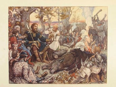 Ruhe des Großfürsten Wladimir II. Monomach auf der Jagd. Die kaiserliche Jagd in Russland von N. Kutepov von Viktor Mikhaylovich Vasnetsov