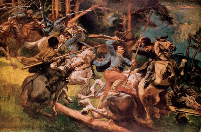 Ungarische Husaren und russische Kosaken kämpfen in den Karpaten im Jahr 1915 von Viktor Tardos