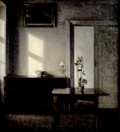 Innenraum mit Topfpflanze auf Kartentisch, 1910-1911 von Vilhelm Hammershøi