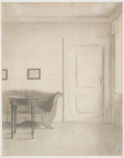 Innenraum mit Sofa und kleinem Tisch, rechts eine Tür von Vilhelm Hammershøi