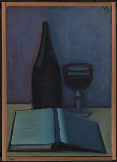 Stillleben mit einem Buch, einem Glas und einer Flasche von Vilhelm Lundstrøm