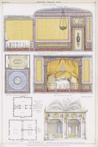 Schlafzimmer in Florenz, das Haus des englischen Konsuls in Agrigentum und die Casa Borromeo, Lago Maggiore, Italien (Farblithografie) von Vincent Brooks