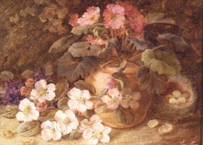 Stillleben mit Apfelblüten, Primeln und Vogelnest von Vincent Clare