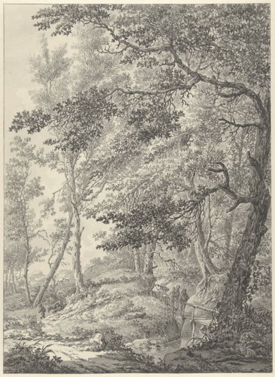 Waldlandschaft mit einer Holzbrücke und zwei Wanderern von Vincent Jansz. van der Vinne