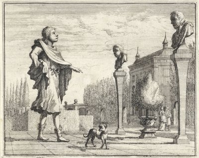Mann bei zwei Hermen im formellen Garten von Vincent Laurensz. van der Vinne (II)