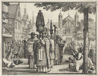 Prozession mit einer Statue durch eine Straße von Vincent Laurensz. van der Vinne (II)